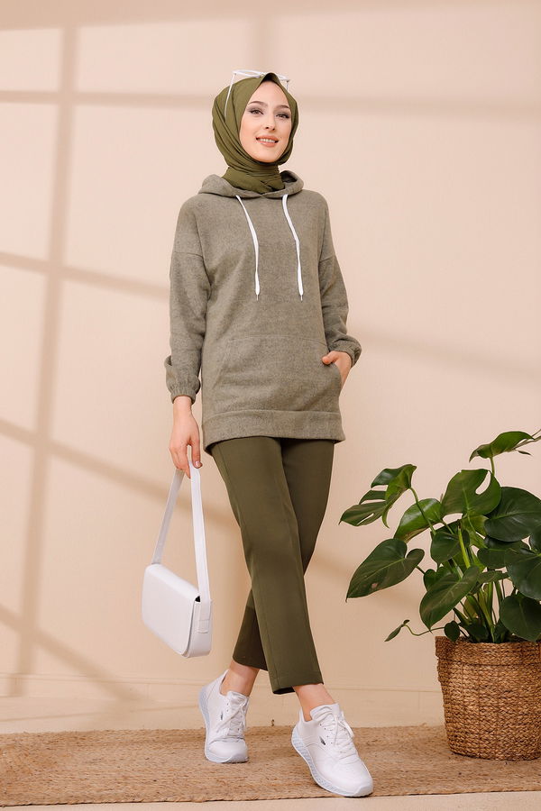 Düz Orta Kadın Haki KAPSONLU TUNIK - 3475 HAKİ