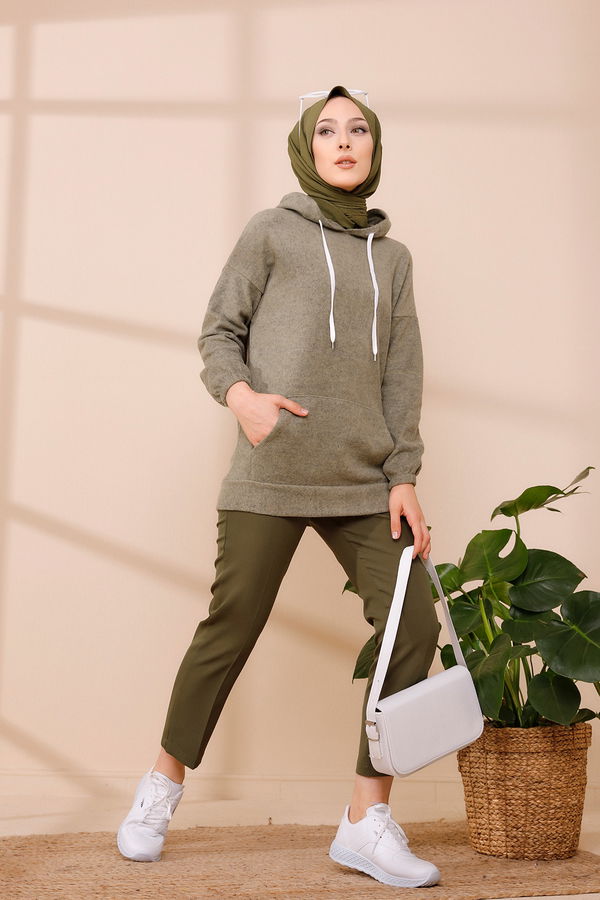 Düz Orta Kadın Haki KAPSONLU TUNIK - 3475 HAKİ