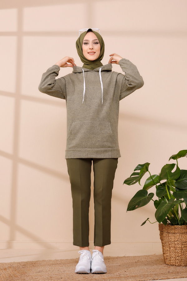 Düz Orta Kadın Haki KAPSONLU TUNIK - 3475 HAKİ