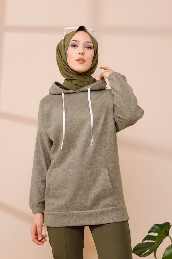 Düz Orta Kadın Haki KAPSONLU TUNIK - 3475 HAKİ
