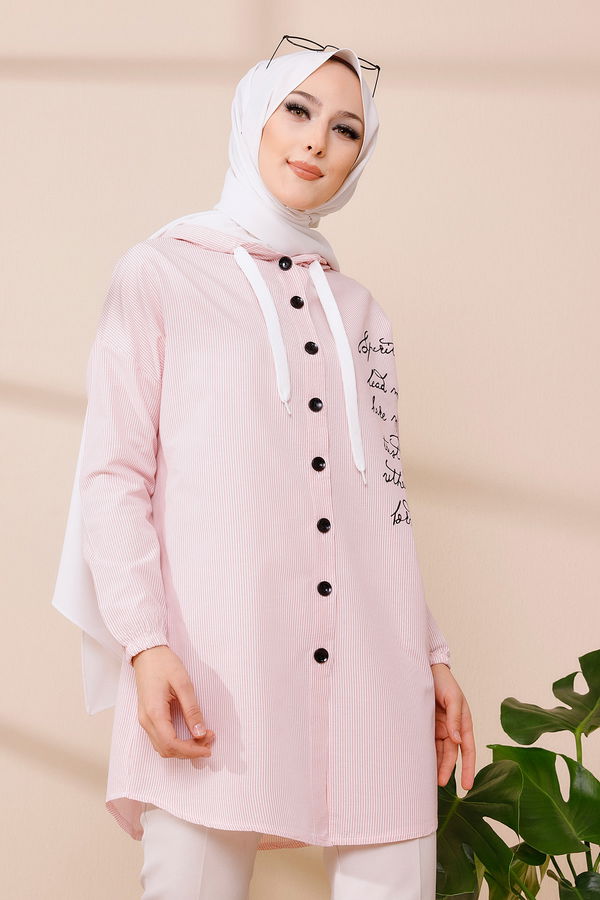 Düz Kapşonlu Yaka Kadın Pembe KAPSONLU TUNIK - 3279