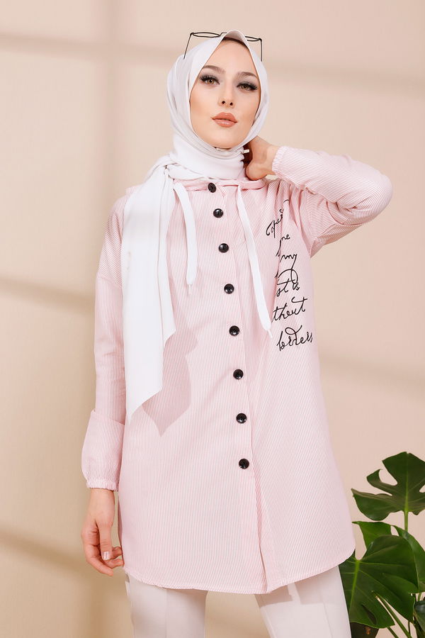 Düz Kapşonlu Yaka Kadın Pembe KAPSONLU TUNIK - 3279