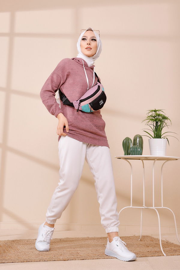 Düz Orta Kadın Lila KAPSONLU TUNIK - 3475 LİLA