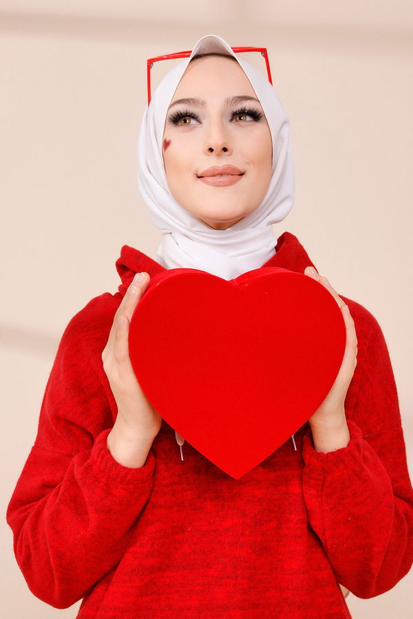 Düz Orta Kadın Kırmızı KAPSONLU TUNIK - 3475 Kırmızı