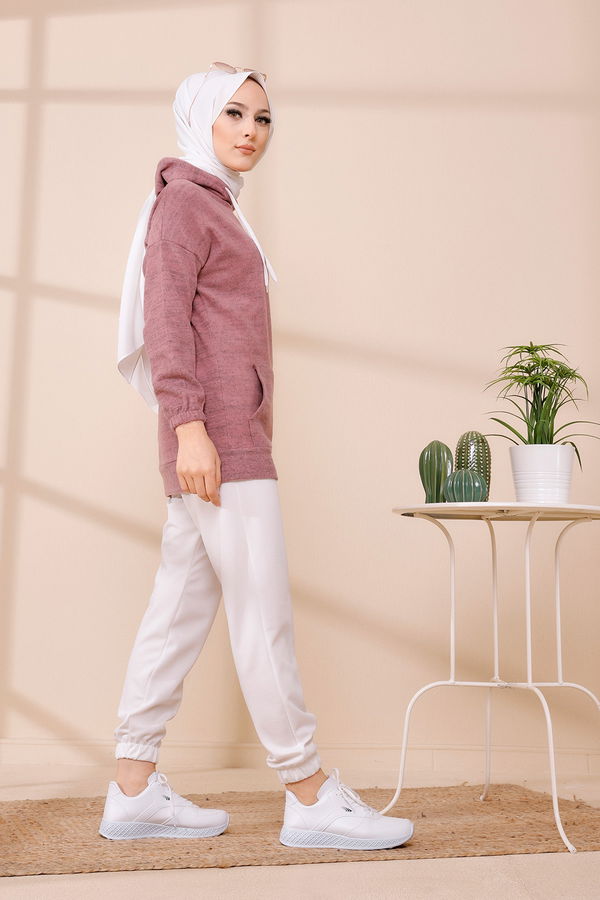 Düz Orta Kadın Lila KAPSONLU TUNIK - 3475 LİLA