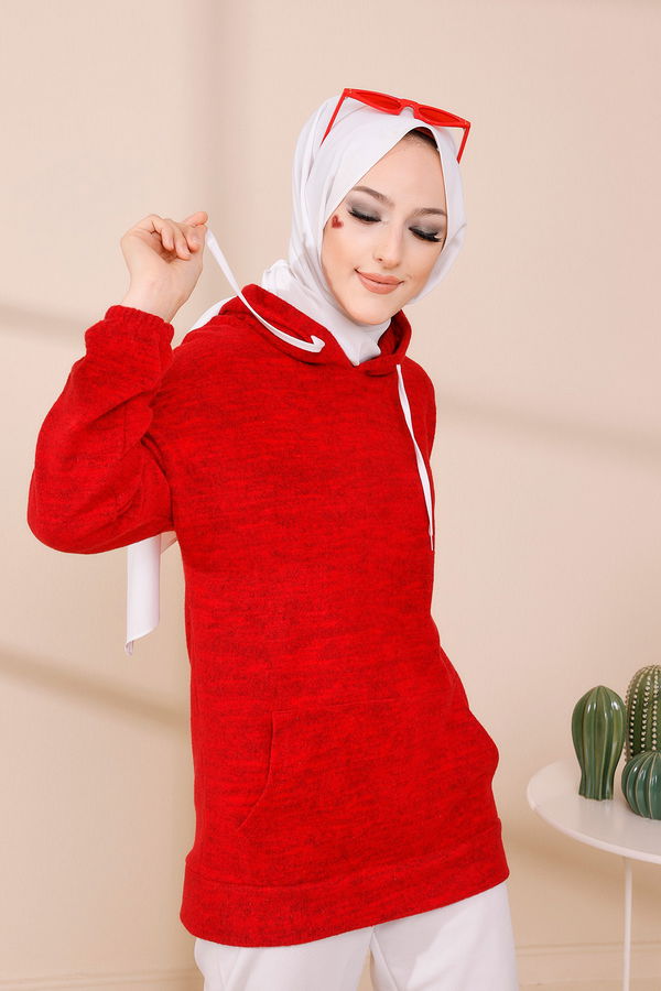 Düz Orta Kadın Kırmızı KAPSONLU TUNIK - 3475 Kırmızı