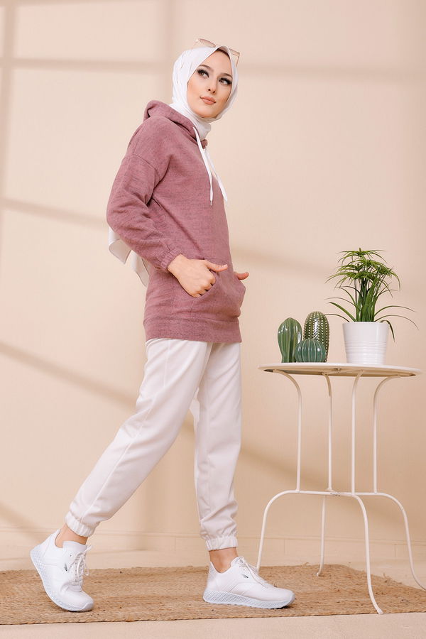Düz Orta Kadın Lila KAPSONLU TUNIK - 3475 LİLA