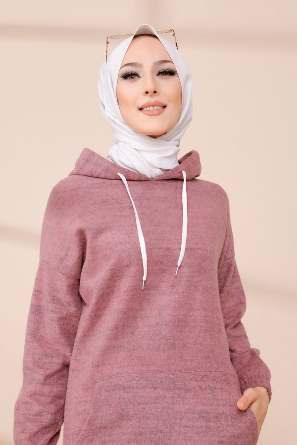 Düz Orta Kadın Lila KAPSONLU TUNIK - 3475 LİLA