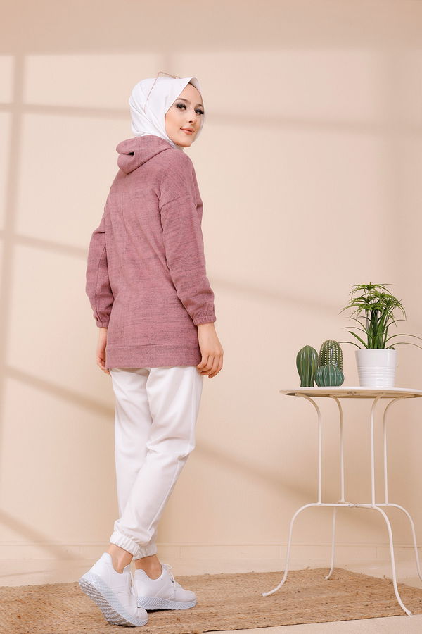 Düz Orta Kadın Lila KAPSONLU TUNIK - 3475 LİLA