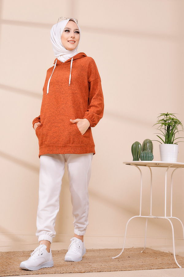 Düz Orta Kadın Kiremit KAPSONLU TUNIK - 3475 KİREMİT