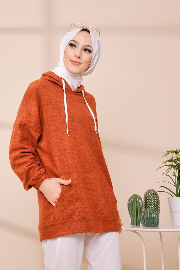 Düz Orta Kadın Kiremit KAPSONLU TUNIK - 3475 KİREMİT