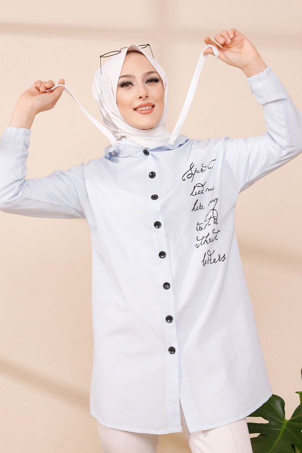 Düz Kapşonlu Yaka Kadın Mavi KAPSONLU TUNIK - 3279