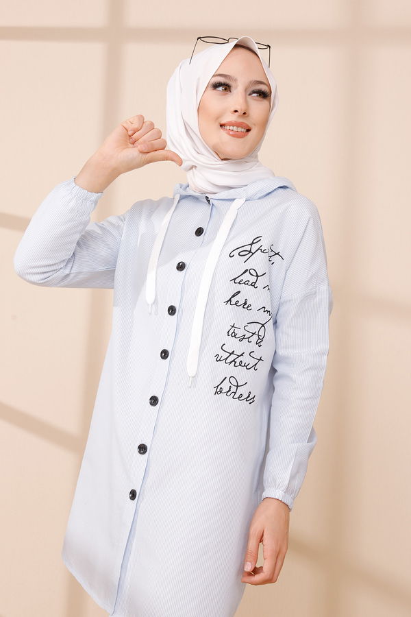 Düz Kapşonlu Yaka Kadın Mavi KAPSONLU TUNIK - 3279