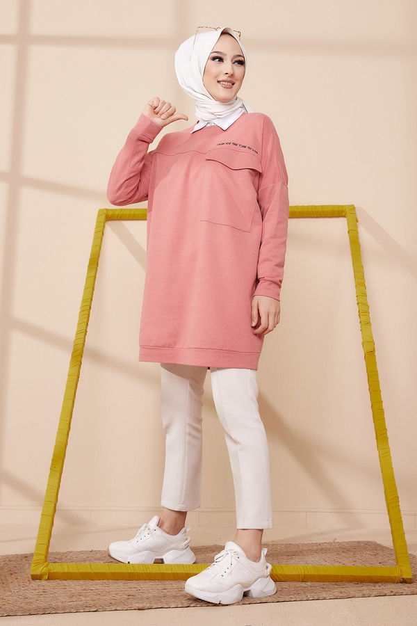 Düz Bisiklet Yaka Kadın Pembe TUNIK - 3350