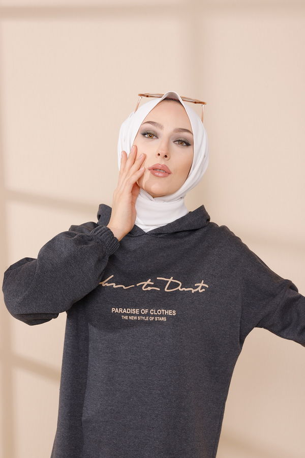 Düz Orta Kadın Gri BASKILI KAPSONLU TUNIK - 4179 GRİ
