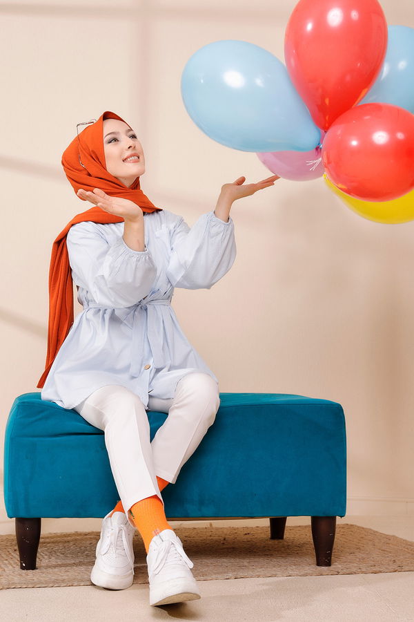 Düz Bisiklet Yaka Kadın Mavi TUNIK - 8674