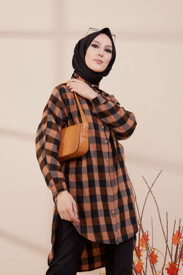 Düz Gömlek Yaka Kadın Taba YARASA KOL TUNIK - 3298 TABA