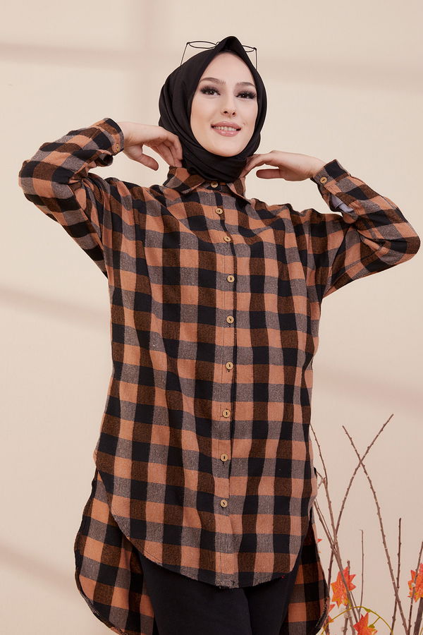 Düz Gömlek Yaka Kadın Taba YARASA KOL TUNIK - 3298 TABA
