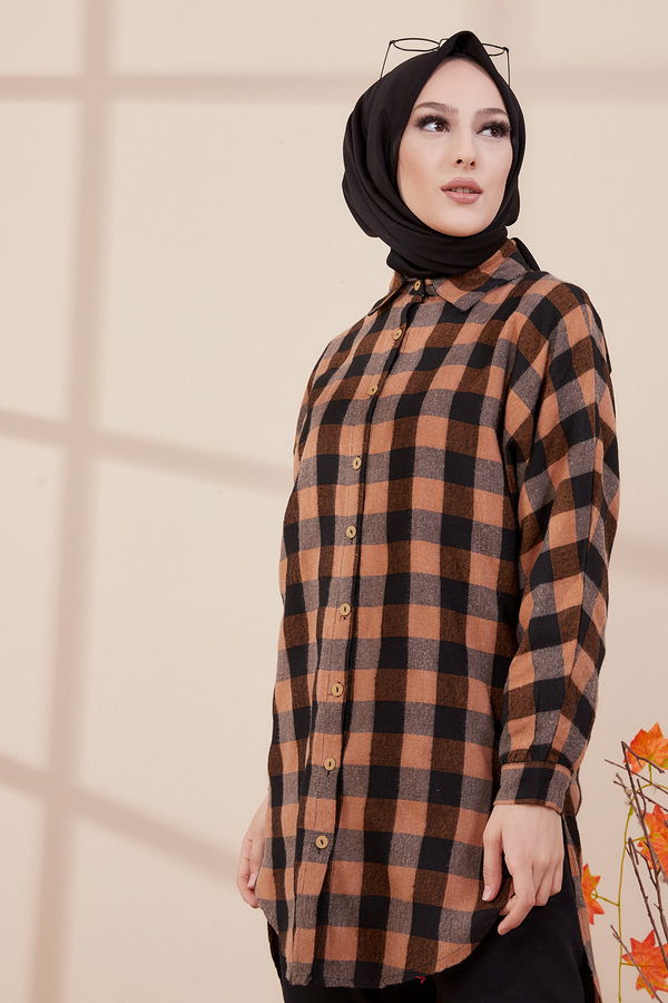Düz Gömlek Yaka Kadın Taba YARASA KOL TUNIK - 3298 TABA