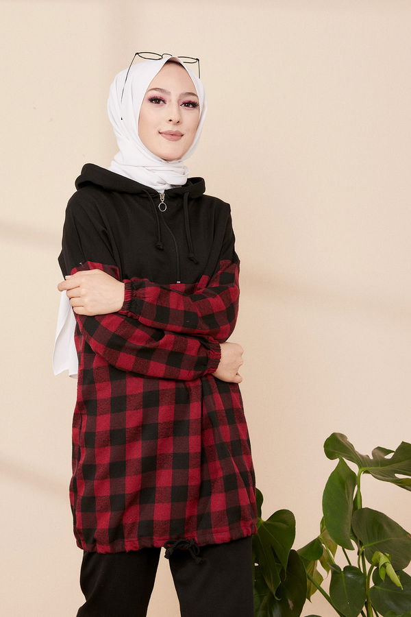 Düz Kapşonlu Yaka Kadın Siyah KAPSONLU TUNIK - 3300 SİYAH