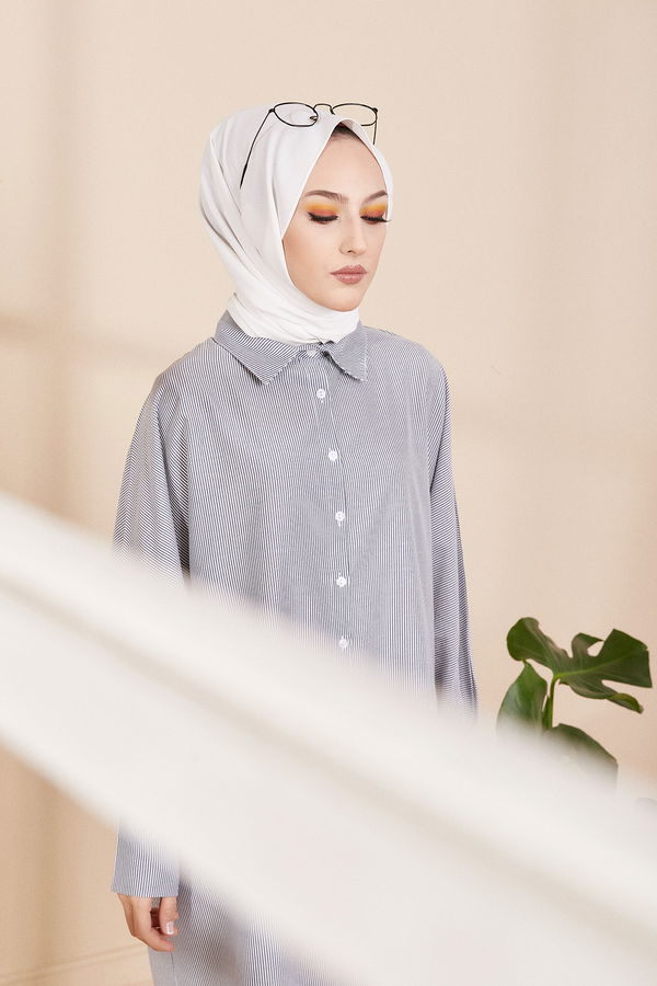 Düz Gömlek Yaka Kadın Lacivert TUNIK - 3231 LACİVERT
