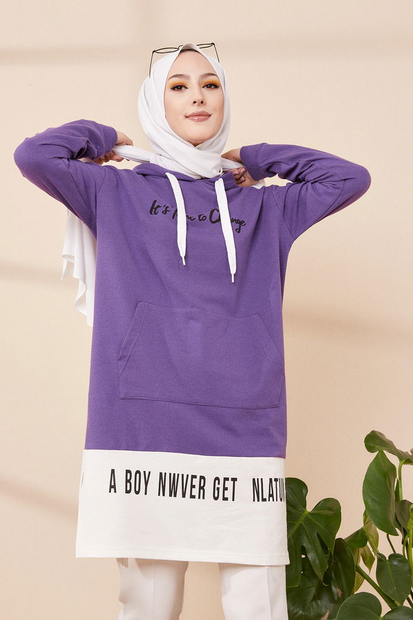 Düz Kapşonlu Yaka Kadın Mor TUNIK - 3328 MOR