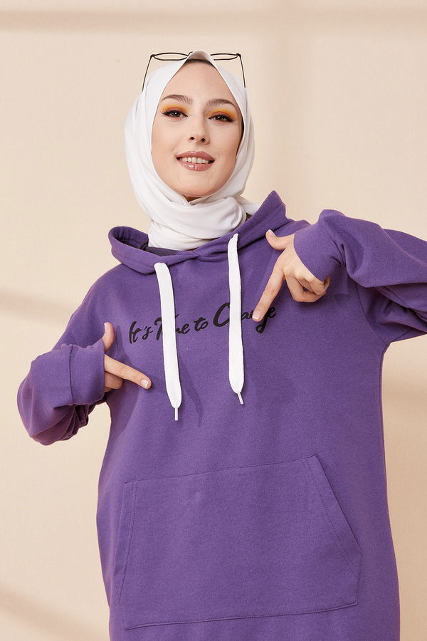 Düz Kapşonlu Yaka Kadın Mor TUNIK - 3328 MOR