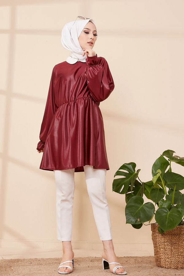Düz Bisiklet Yaka Kadın Bordo TUNIK - 3321 BORDO