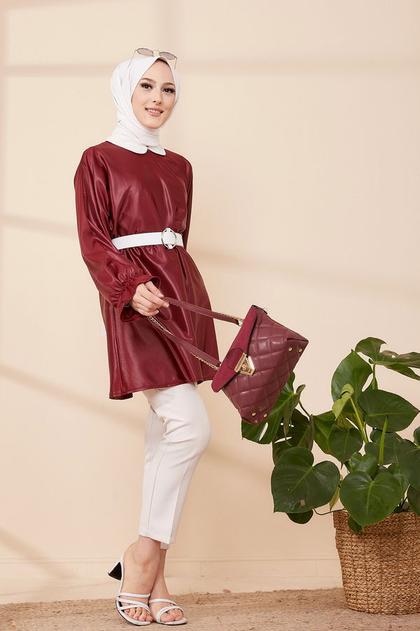 Düz Bisiklet Yaka Kadın Bordo TUNIK - 3321 BORDO