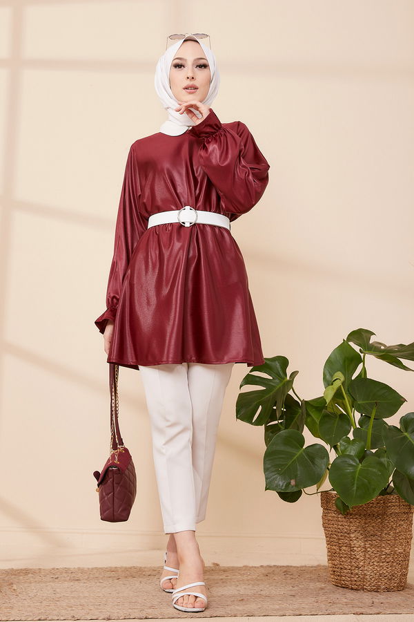 Düz Bisiklet Yaka Kadın Bordo TUNIK - 3321 BORDO