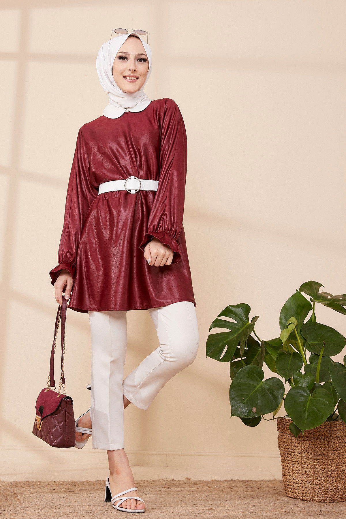 Düz Bisiklet Yaka Kadın Bordo TUNIK - 3321 BORDO
