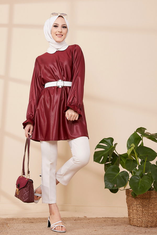 Düz Bisiklet Yaka Kadın Bordo TUNIK - 3321 BORDO