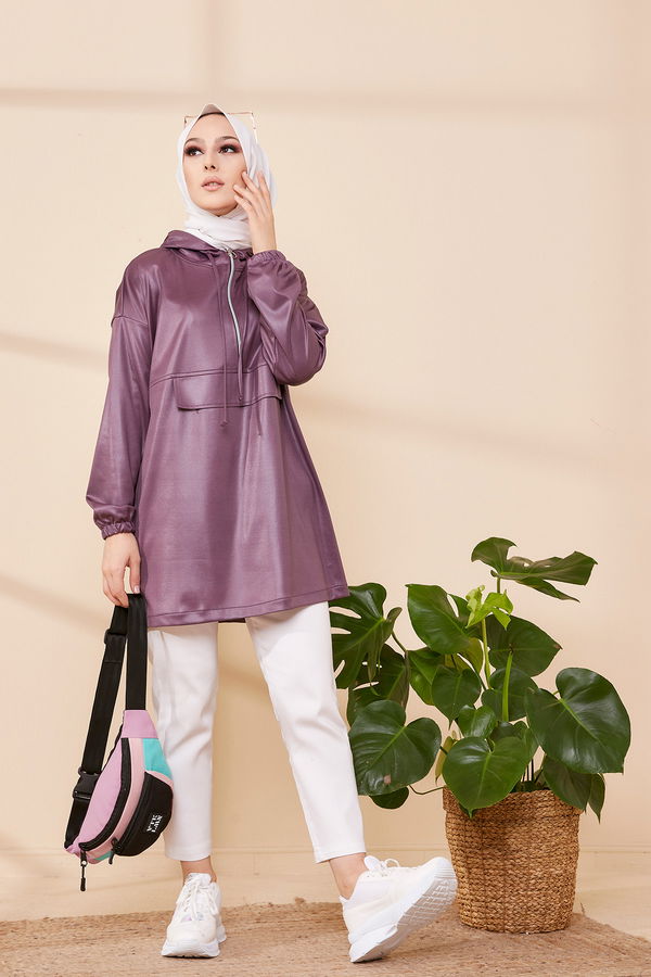 Düz Orta Kadın Mürdüm KAPSONLU TUNIK - 3409 MÜRDÜM
