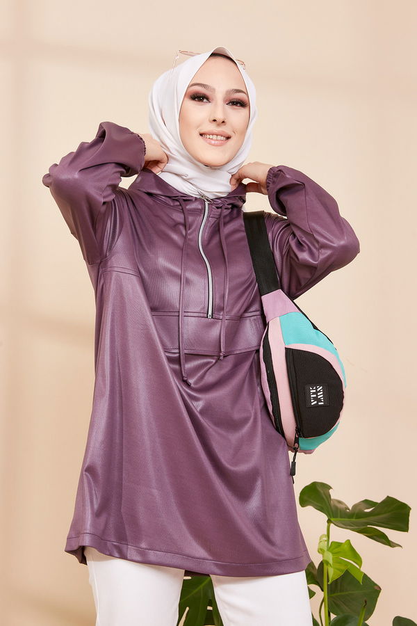 Düz Orta Kadın Mürdüm KAPSONLU TUNIK - 3409 MÜRDÜM