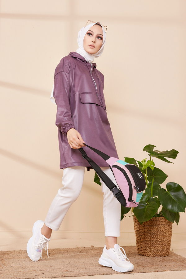 Düz Orta Kadın Mürdüm KAPSONLU TUNIK - 3409 MÜRDÜM