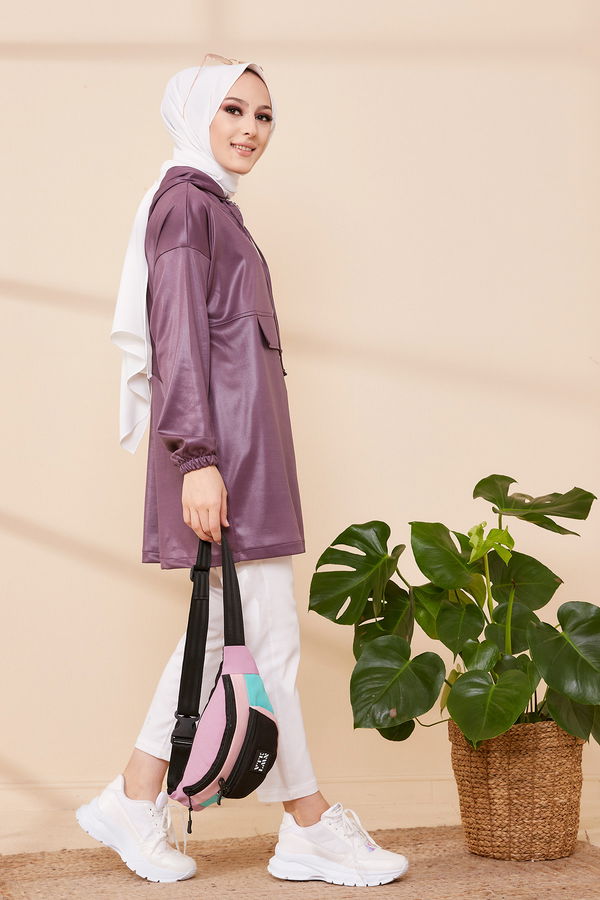 Düz Orta Kadın Mürdüm KAPSONLU TUNIK - 3409 MÜRDÜM