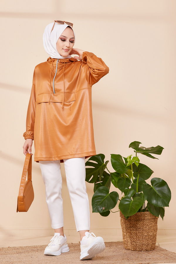 Düz Orta Kadın Taba KAPSONLU TUNIK - 3409