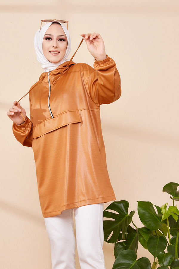 Düz Orta Kadın Taba KAPSONLU TUNIK - 3409