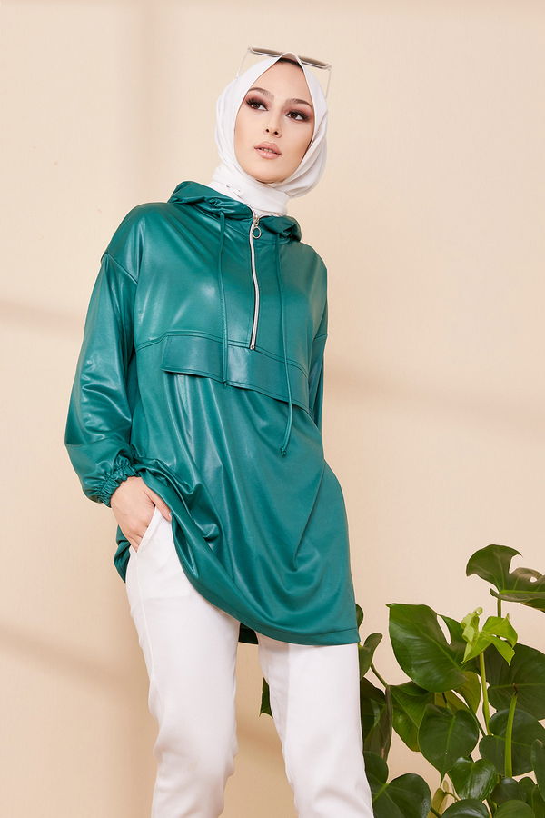 Düz Orta Kadın Yeşil KAPSONLU TUNIK - 3409 YEŞİL