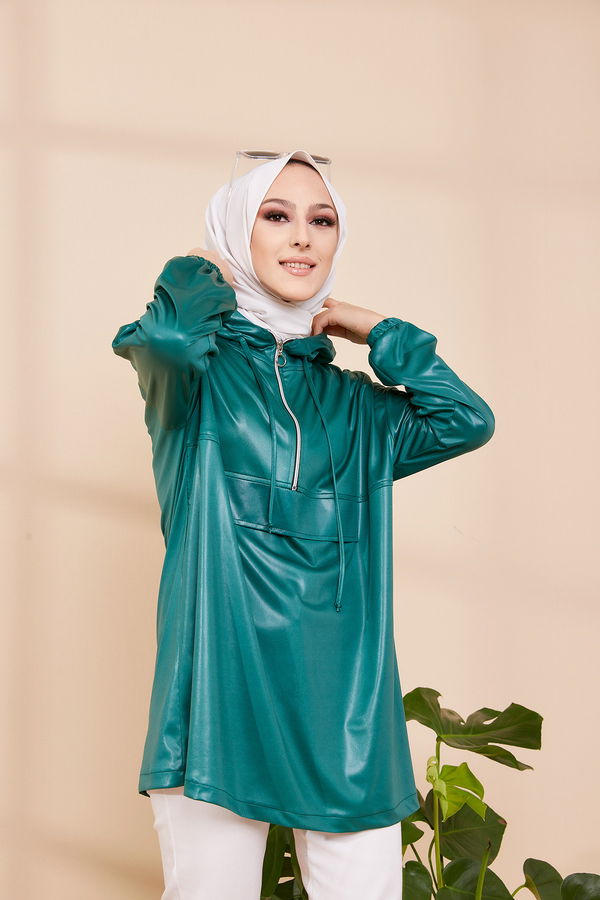 Düz Orta Kadın Yeşil KAPSONLU TUNIK - 3409 YEŞİL
