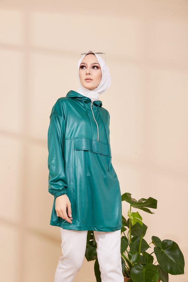 Düz Orta Kadın Yeşil KAPSONLU TUNIK - 3409 YEŞİL