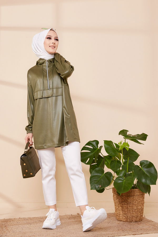 Düz Orta Kadın Haki KAPSONLU TUNIK - 3409