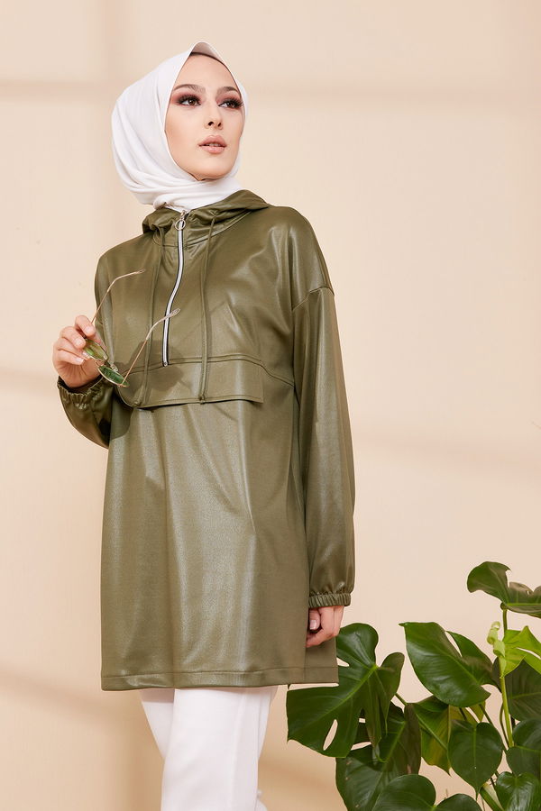 Düz Orta Kadın Haki KAPSONLU TUNIK - 3409