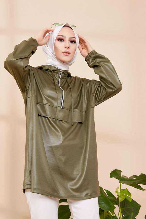 Düz Orta Kadın Haki KAPSONLU TUNIK - 3409