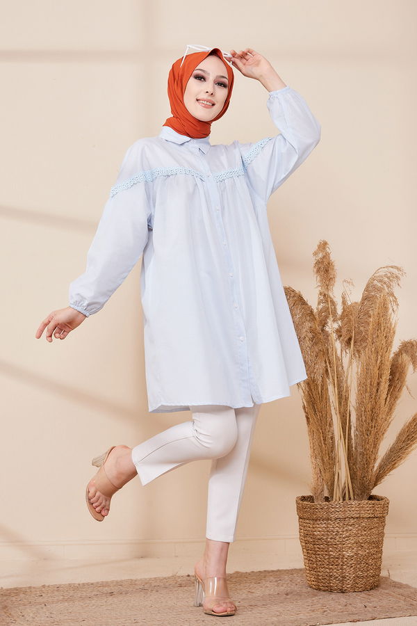 Düz Gömlek Yaka Kadın Mavi TUNIK - 8676 MAVİ