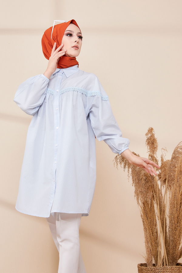 Düz Gömlek Yaka Kadın Mavi TUNIK - 8676 MAVİ