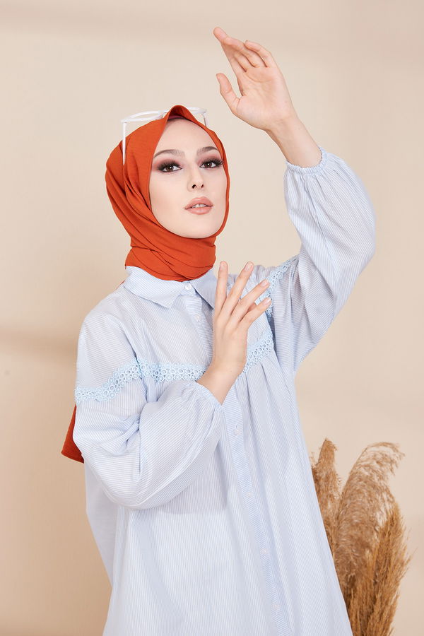 Düz Gömlek Yaka Kadın Mavi TUNIK - 8676 MAVİ