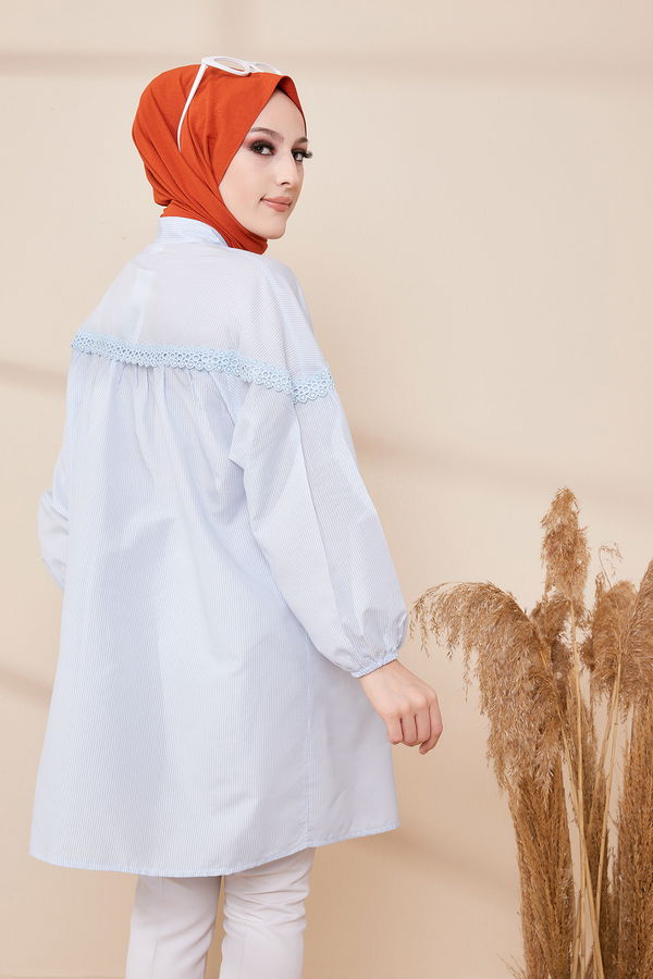 Düz Gömlek Yaka Kadın Mavi TUNIK - 8676 MAVİ