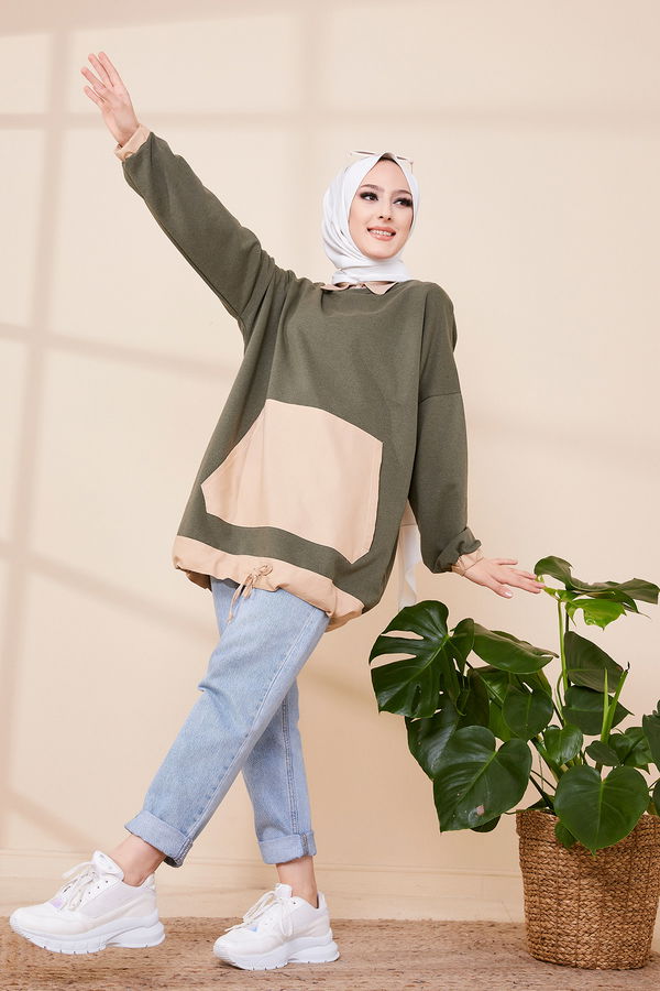 Düz Bisiklet Yaka Kadın Haki TUNIK - 3329