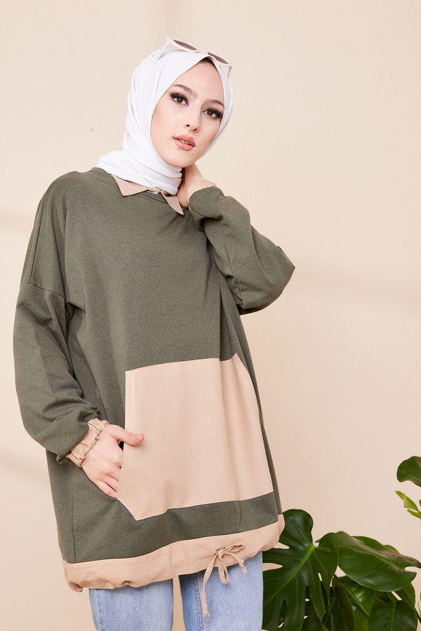 Düz Bisiklet Yaka Kadın Haki TUNIK - 3329